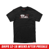 Front of Aethel and Nyanners Shirt showing graphic of a dog and a cat with an eyepatch with a red border around it. Red Hem Tag with Black Gamer Supps Logo.