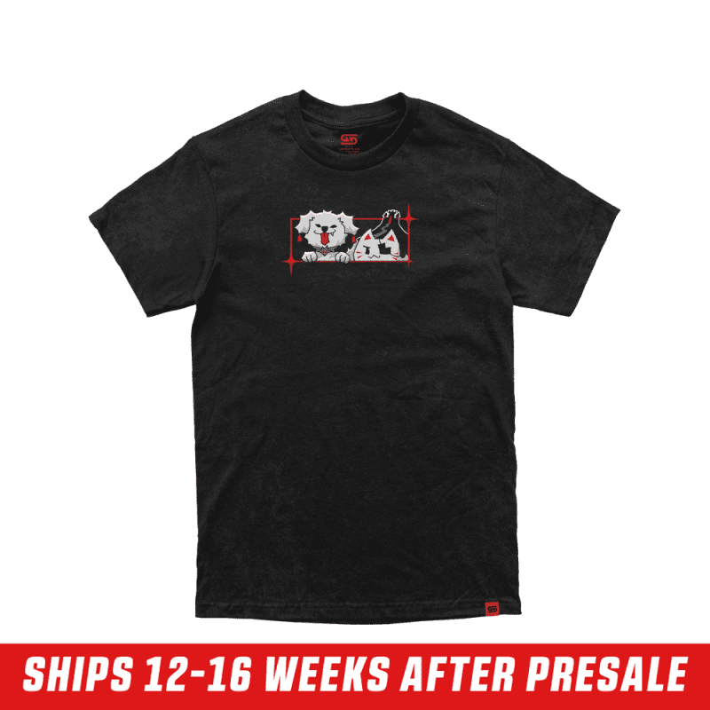 Front of Aethel and Nyanners Shirt showing graphic of a dog and a cat with an eyepatch with a red border around it. Red Hem Tag with Black Gamer Supps Logo.