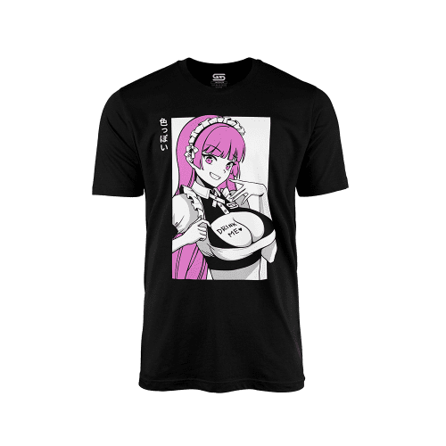 Front of Milkers Waifu  Black Shirt with White Background and Pink Hair