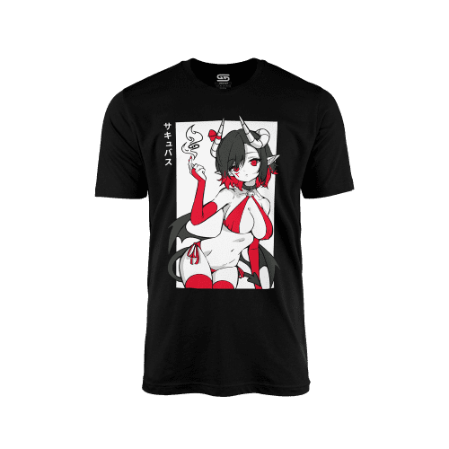 Black Succubus Waifu Shirt showing Graphic with Red, Black, and White Coloring, and Gamer Supps logo printed on tag