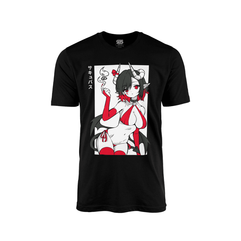 Black Succubus Waifu Shirt showing Graphic with Red, Black, and White Coloring, and Gamer Supps logo printed on tag